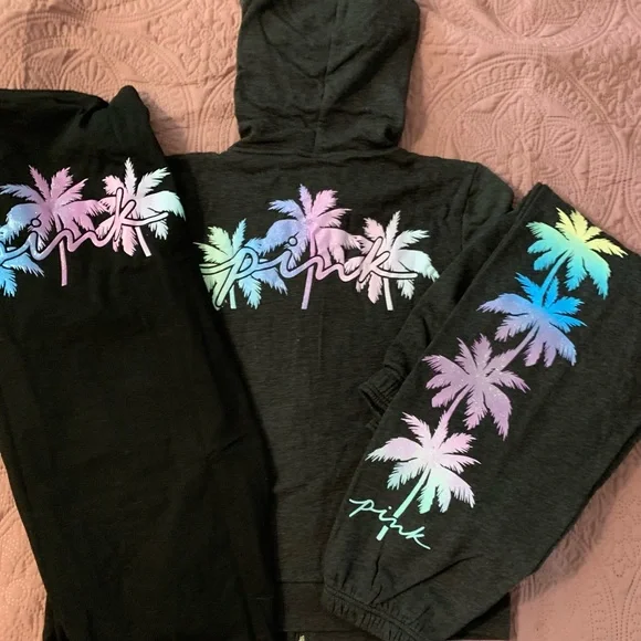 ❤️SOLD OUT❤️ Pink 2-Piece Shine Palm Zip Up Hoodie & Campus Sweatpants - Picture 6 of 8